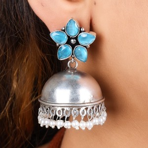 Blue Stone <b>Oxidized</b> Silver Jhumka Earrings for Women Bollywood Ethnic Traditional Pearl Drop Earrings Wholesale Indian Jewelry - Product Image 2