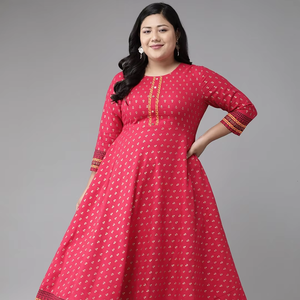 Kurta Anarkali en coton imprimé rose doré, taille plus, col rond, manches trois quarts, tenue parfaite pour femmes - Product Image 1