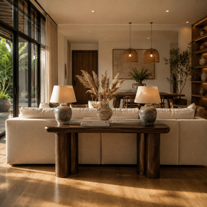 Niwara Bisoepo Indonesia Solid Suar Wood Oval <b>Console</b> <b>Table</b> Walnut Finish Cylinder <b>Leg</b> Sculptural Design Living Room Hallway - Product Image 5