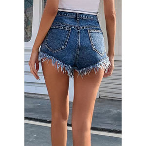 High Waist Woven Denim <b>Shorts</b> with <b>Fringe</b> Distressed Wash Five-Pocket Casual Women's Summer Breathable Loose Fit - Product Image 2