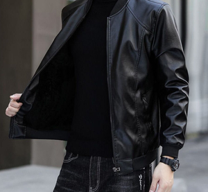 ODM Men's Black Genuine Leather Coated Stand Collar Breathable <b>Sherpa</b> <b>Lined</b> Streetwear Vintage Varsity Jacket Stylish for Winter - Product Image 5
