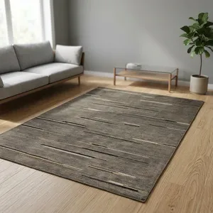 Tapis rectangulaire moderne à rayures, tufté, avec envers antidérapant en caoutchouc, pour salon, motif gris, noir et blanc, en laine et acrylique, à poils moyens - Product Image 2