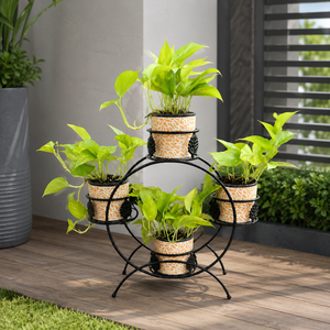 Support de plantes rond en métal noir à quatre pots, support de pot de fleurs décoratif pour l'intérieur et l'extérieur, support de présentation pour jardin, balcon, terrasse - Product Image 3