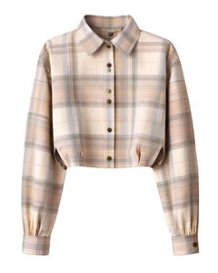 Chemisier court personnalisé beige à carreaux pour femme, col rabattu, manches longues, boutonné, style décontracté, fabricant OEM - Product Image 1