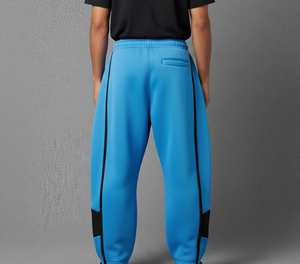 Pantalon de survêtement vintage bleu en lin/coton pour homme avec empiècements noirs, logo flamme imprimé, taille élastique et cordon de serrage, imperméable, décontracté, pour l'automne - Product Image 5