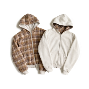 Reversible Zip <b>Hoodie</b> Beige Plaid <b>Burgundy</b> Double 100% Cotton Heavyweight Streetwear Pullover Wholesale - Product Image 2