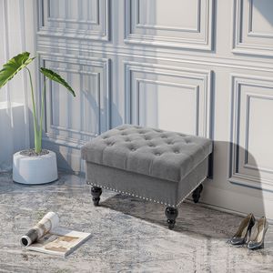 Pouf in Tessuto Trapuntato Grigio da 25 Pollici con Coperchio Rimovibile e Gambe in Legno, Panca con Bottoni per Casa, Ufficio o Ingresso, Poggiapiedi Rettangolare - Product Image 2