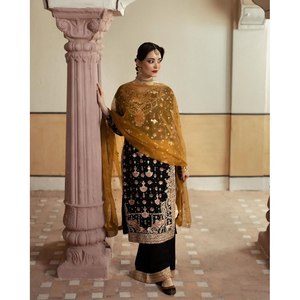 FANCY GEORGETTE BORDADO SQUENCE TRABAJO TOP PLAZZO CON DUPATTA NEGRO - Product Image 1