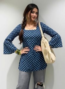 Kurti corto estampado de mezcla de viscosa para mujer, corte recto, informal, estilo étnico, cuello cuadrado, manga larga, Kurta para oficina y universidad - Product Image 3