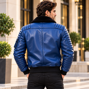 Blouson moto en cuir véritable bleu roi pour homme avec col en peau de mouton noir, poche zippée sur la poitrine, poignets côtelés et style urbain moderne - Product Image 2