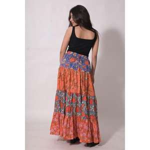 กระโปรงยาวผ้าฝ้ายทอลายบล็อกพิมพ์ลายปะติดปะต่อ ลาวีนาส 100% สำหรับผู้หญิง สไตล์โบฮีเมียน ทำมือ ลายดอกไม้ ฤดูร้อน ระบายอากาศได้ดี - Product Image 6