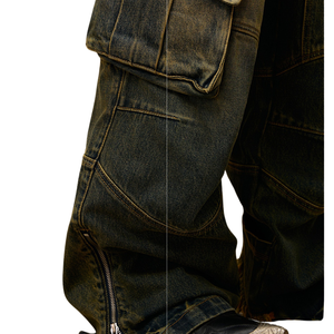 Pantalon cargo en jean délavé pour homme, taille haute, coupe ample, style streetwear, en coton mi-lourd, personnalisé - Product Image 6