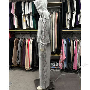 Conjunto de Sudadera Ligera de Algodón 100% con Logotipo Bordado, Estilo Vintage de Invierno, Lavado Desgastado, Streetwear con Pedrería - Product Image 3