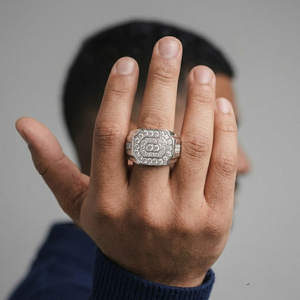 Solid 14k White Gold Natural Diamond Mens Signet Ring Octagon Geometric Pave Cluster Setting Chunky Statement Fine Jewelry - Product Image 3
