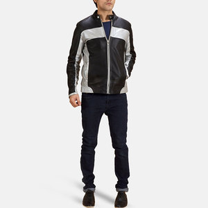 Men's Black And <b>Silver</b> Leather Moto <b>Jacket</b> Zip Front Regular Fit Autumn Wear - Product Image 1