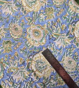 Sky Blue Cotton Floral <b>Fabric</b> Vintage Mustard <b>Yellow</b> & Green Flower Print Soft Lightweight 44 Yard for Kids Women Dresses Sewing - Product Image 1