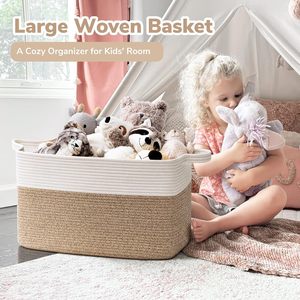 Modern Eco-Friendly <b>Foldable</b> 75L Large Woven Cotton Rope Storage <b>Basket</b> 21.6x14.9x11.8 Inches Rectangle White Light Brown - Product Image 3