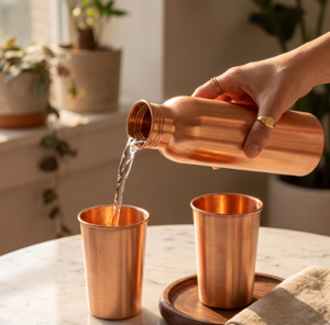 Handcrafted Pure Copper Water <b>Bottle</b> With Tumbler Set Sleek Polished Finish Plain Copper <b>Flask</b> For Wellness - Product Image 1