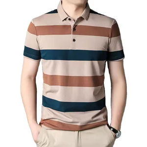 เสื้อโปโลผู้ชายแขนสั้นลายทางสีเขียวเบจขาวทรงปกติ ผ้าถักลำลอง ปกคอพับได้ - Product Image 3