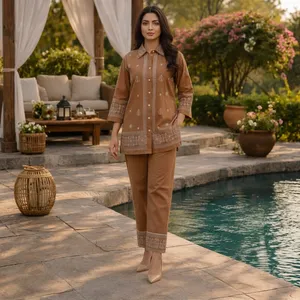 Women's Brown Embroidered Cotton Set <b>Three</b> <b>Quarter</b> Sleeve Full Length <b>Pants</b> Casual Bohemian Style All Seasons Wear - Product Image 4