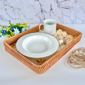 Trendy Rectangular Rattan Mother Of Pearl <b>Tray</b> <b>Large</b> Golden Sunburst Floral Mosaic Serving Base For Restaurant Wholesale - Product Image 2