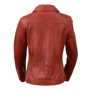 Chaqueta de Motocicleta de Cuero Genuino para Mujer, Manga Larga, Cierre de Cremallera, Cuello Camisero, Color Rojo Sólido, Ropa de Abrigo Otoñal, Corte Regular - Product Image 4