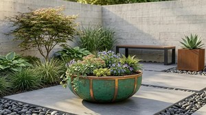 Outdoor <b>Large</b> Rounded Rustic Galvanized Green Patina and Copper Strip Design Outdoor Garden Rustic Planters Pots - Product Image 2