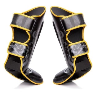 Adult Black PU Leather Shin Guards With Gold Trim Sublimation Design Hook And Loop Closure Lightweight Sports Protection - Product Image 3