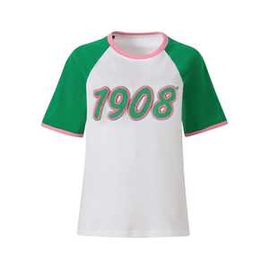 Camiseta de chenilla premium AKA 1908 para mujer, con letras griegas bordadas, cuello redondo, informal, de alta calidad - Product Image 1