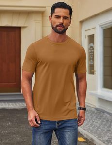 T-shirt en coton et élasthanne tricoté pour homme, logo frontal, col rond, manches courtes, coupe ample, écologique, séchage rapide, respirant, décontracté - Product Image 4