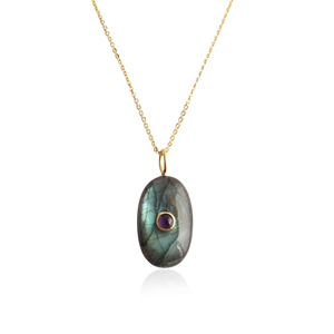 Collar con Colgante de Piedras Preciosas de Labradorita Mística y Amatista con Bisel de Circonita Cúbica, Hecho a Mano, Chapado en Oro de 18K, Regalo de Boda de Lujo para Mujer, Estilo Minimalista - Product Image 1