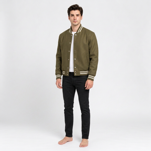 Chaqueta Bomber Varsity de Lana Verde Oliva para Hombre, Cuello Alto, Puños Acanalados, Cierre de Botón, Estilo Deportivo, para Otoño - Product Image 2