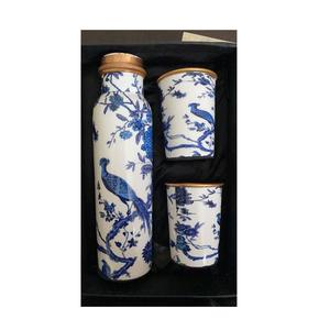 Ensemble de thermos en cuivre bleu et blanc avec motif d'oiseaux orientaux, vaisselle de voyage portable avec couvercles - Product Image 1