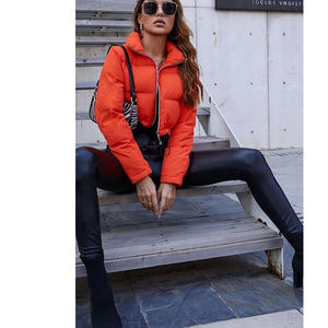 Orange Puffer <b>Jacket</b> Stand Collar Zipper Closure Quilted Windproof Winter Coat <b>Short</b> <b>Sleeve</b> Casual Style Solid Color - Product Image 2