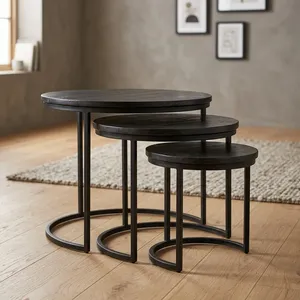 Modern Nesting <b>Side</b> <b>Tables</b> Wood Top Metal Frame Minimalist Design Living Room Furniture Wooden Iron nesting <b>set</b> - Product Image 1