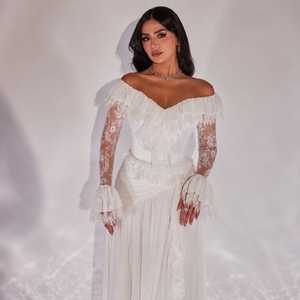 <b>White</b> Off-Shoulder Lace Floor-Length A-Line <b>Evening</b> <b>Gown</b> Sheer Sleeves Ruffled Cuffs Draped Pleated Skirt Bridal Inspired - Product Image 2