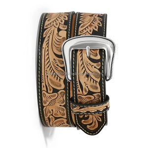 Cinturón de Cuero Occidental de Grano Completo con Grabado Floral de Alta Calidad para Hombre, con Hebilla de Latón Elegante - Product Image 1