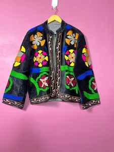 Boho Suzani Hand Embroidery Velvet Coat Handmade Short Winter <b>Jacket</b> Ethnic Floral <b>Kimono</b> Outerwear Artisan Festival Gift Her - Product Image 1