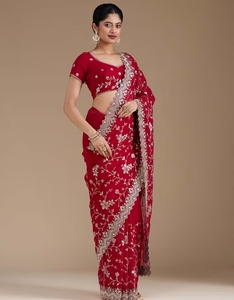 Sari en georgette KV pour femme avec broderie Zari (dorée) et chemisier non cousu - Product Image 1