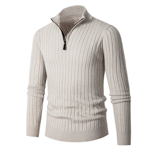 Pull en tricot côtelé gris pour homme avec fermeture à 1/4 de zip, manches longues, couleur unie, vêtement d'automne - Product Image 3