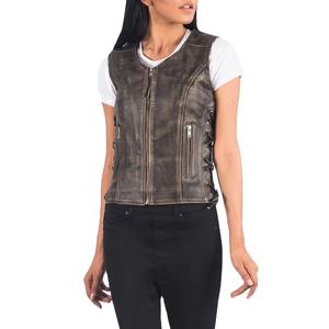 Gilet de motard en cuir véritable pour femme, style vintage personnalisé, avec boutons et dentelle, respirant et coupe-vent - Product Image 1