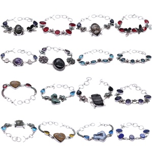 Bracelets vintage chrétiens bohèmes plaqués argent antique avec pierres précieuses, motif floral, chaîne à maillons, bijoux unisexes, cadeau - Product Image 3