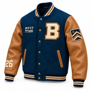 Chaqueta Varsity Azul Marino para Hombre con Mangas de Cuero Marrón, Parches de Letras Bordadas, Mezcla de Lana, Abrigo de Invierno - Product Image 3