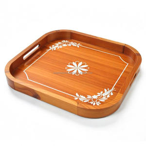 Elegante bandeja de madera con Incrustaciones de nácar, mesa decorativa pulida, acento para comedor y regalo de Ramadán - Product Image 3