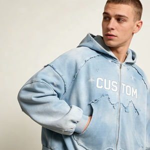 Sweat-shirts à capuche surdimensionnés pour hommes, style streetwear décontracté, bleu clair tie-dye, effet usé et déchiré, fermeture éclair intégrale, impression personnalisée, vente en gros usine - Product Image 6