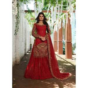 TREANDING GEORGETTE BORDADO CODIFICACIÓN CON SECUENCIA TRABAJO TOP LEHENGA CON DUPATTA ROJO - Product Image 1