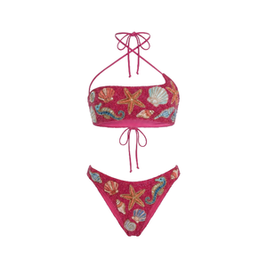 Hot Sale <b>Sequin</b> Embroidered Red Beaded <b>Bikini</b> Halter Neck Two Piece Swimwear Hand Embroidery Beach Life Pattern Breathable Set - Product Image 4