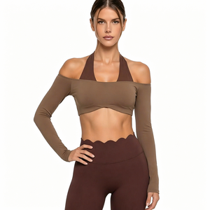 Ensemble de sport 2 pièces en nylon pour femme, respirant, grande taille, haut de yoga et pilates à manches longues et dos nu, pour fitness et entraînement, effet push-up fessier - Product Image 1