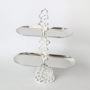 Contemporary Design For Wedding Display Silver Two-Tier Oval Decorative <b>Tray</b> With Abstract Metal Stand - Product Image 1