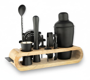 Juego de Herramientas de Bar de Acero Inoxidable con Soporte de Madera - Kit de Coctelería Negro de 10 Piezas para Uso en el Hogar y Bar - Product Image 2
